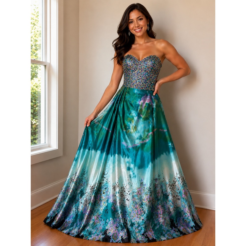 Toni Bowls Formal Gown Women 4 Teal Sequin Paisley Animal Print Strapless Prom